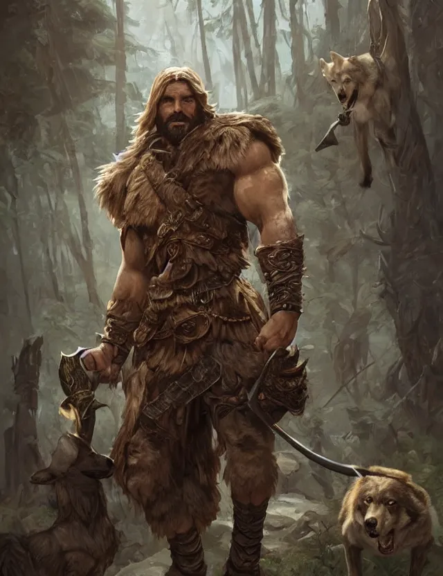 Image similar to portrait of a gruff ranger holding a spear, accompanied by a wolf dog, muscular, upper body, hairy body, D&D, fantasy, intricate, elegant, highly detailed, digital painting, artstation, concept art, matte, sharp focus, illustration, art by Artgerm and Greg Rutkowski and Alphonse Mucha