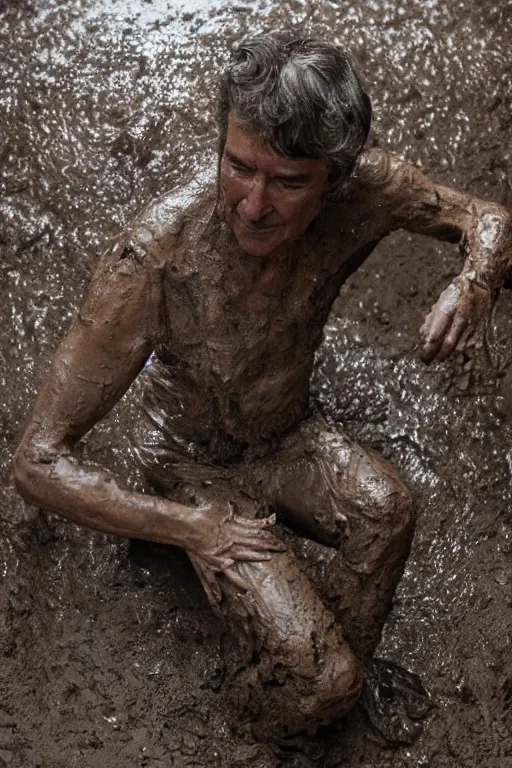 Image similar to cinematic still of randy mantooth covered in mud crawling on hands and knees across a bathroom floor, 4 k, dramatic lighting