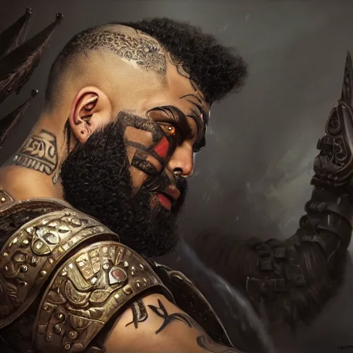 Prompt: a d & d portrait of an armored goliath with face tattoos, sides of head shaved with black ponytail, black beard, art by deiv calviz, splash art, natural light, elegant, intricate, fantasy, atmospheric lighting, by greg rutkowski, hd wallpaper, ultra high details, cinematic composition, professional unique masterpiece