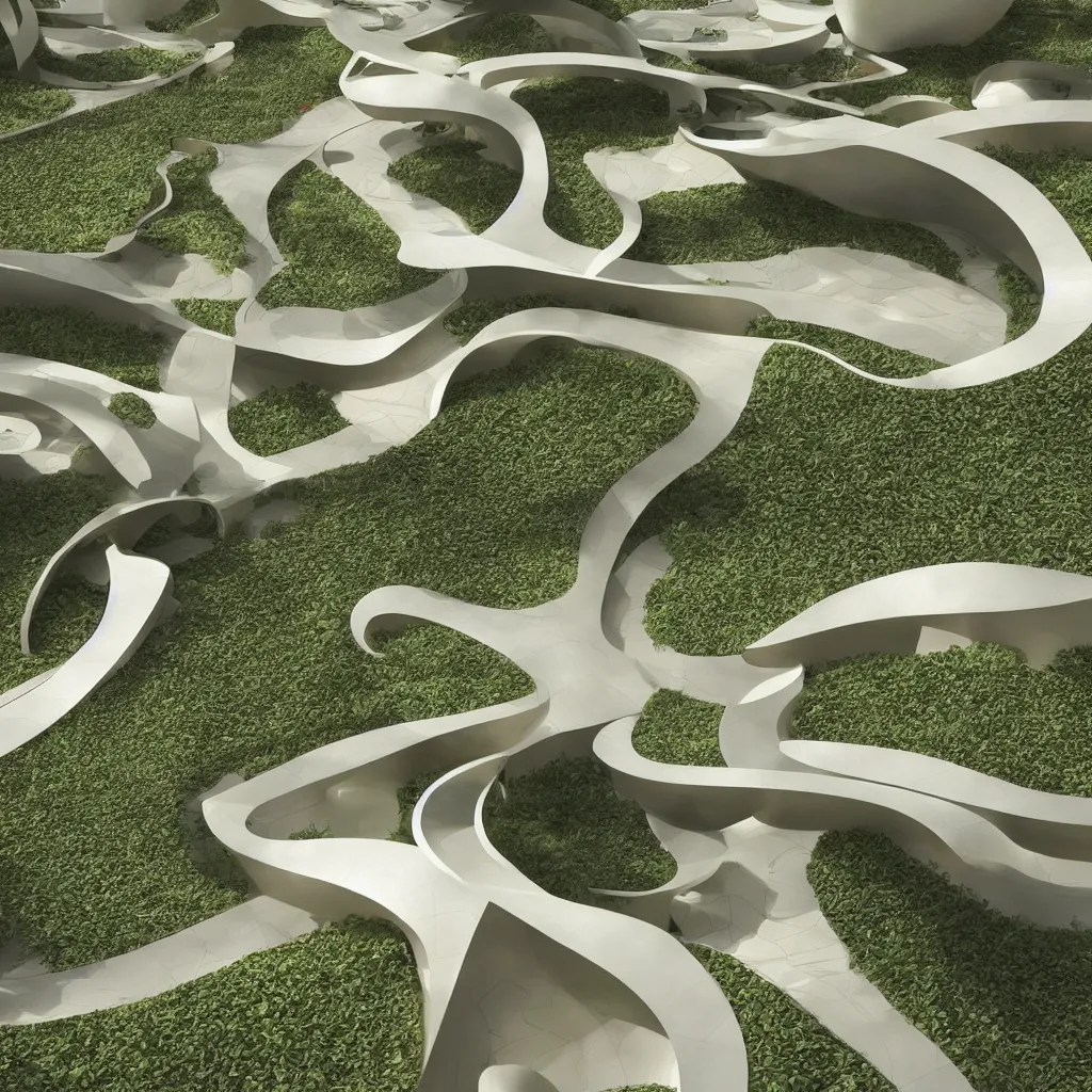 Image similar to “ an incredibly smooth curvilinear architectural spatial immersive sculpture, unfolding continuous golden surfaces enclose a visually complex garden designed by zaha hadid, architecture render ”