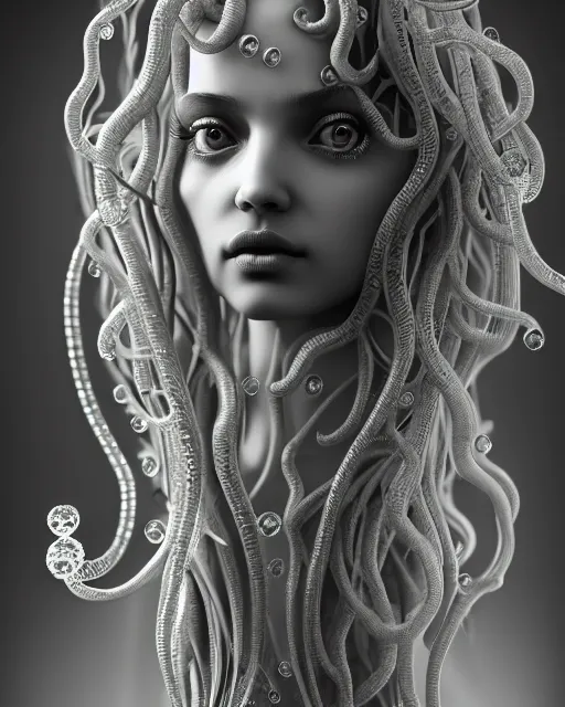 Image similar to mythical dreamy underwater artistic black and white 3 d render of a translucent beautiful young female angelic - medusa - vegetal - doll, highly detailed, intricate crystal ivy jelly ornate, poetic, translucent algae ornate, digital art, octane render, 8 k artistic photography, photo - realistic, hg giger flora borsi