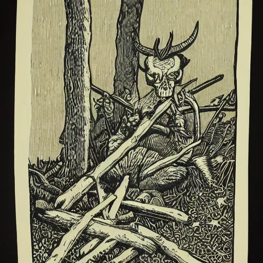 Prompt: the devil sits near a pile of bones in the edge of the woods. Woodblock print. Highly detailed.