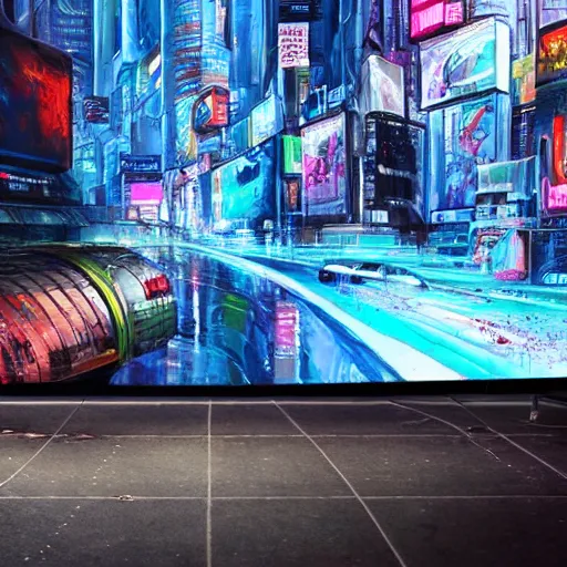 Prompt: photo of futuristic paintings displayed on big screen in cyberpunk city, enormously detailed, digital painting