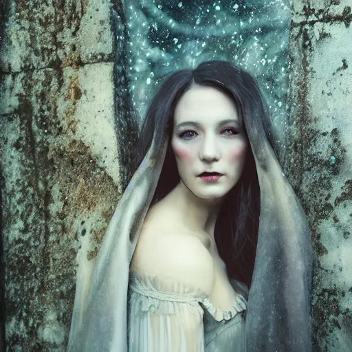 Image similar to charismatic regal aristocratic brunette female vampire, portrait, at highgate cemetery, atmospheric lighting, painted, intricate, mist, cold, volumetric lighting, beautiful, blue tint, moon light, sharp focus, ultra detailed, by leesha hannigan, ross tran, thierry doizon, kai carpenter, ignacio fernandez rios