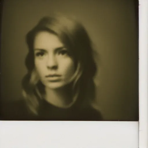 Prompt: a polaroid portrait of a beautiful young woman, detailed clouds, lit from behind, gold light, heavy film grain, color bleed