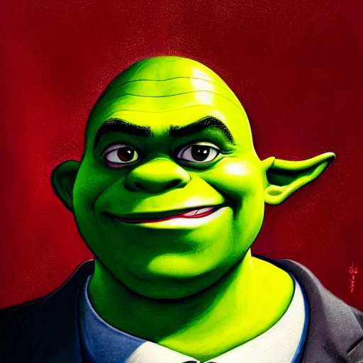 Prompt: prompt : shrek wearing a tuxedo portrait soft light painted by james jean and katsuhiro otomo and erik jones, inspired by akira anime, smooth face feature, intricate oil painting, high detail illustration, sharp high detail, manga and anime 1 9 9 9