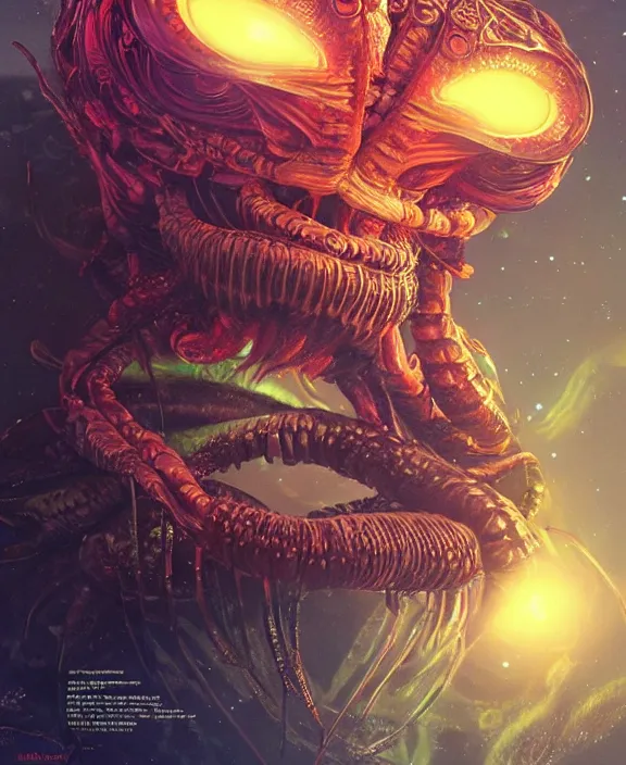 Prompt: portrait of a shining neon lights predatory insect alien crab monster, muscles, rippling, milky way environment, ultra realistic, concept art, intricate details, eerie, highly detailed, photorealistic, octane render, 8 k, unreal engine. art by artgerm and greg rutkowski and alphonse mucha