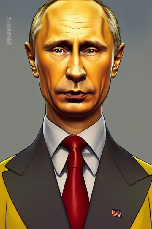 Image similar to vladimir putin as a yellow funny character from the simpsons, realistic portrait, symmetrical, highly detailed, digital painting, artstation, concept art, smooth, sharp focus, illustration, cinematic lighting, art by artgerm and greg rutkowski and alphonse mucha