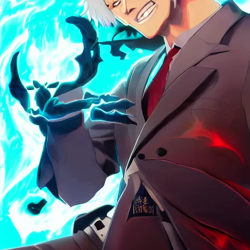 Image similar to portrait of dark biden as the master of the dark flames of destruction, anime fantasy illustration by tomoyuki yamasaki, kyoto studio, madhouse, ufotable, trending on artstation