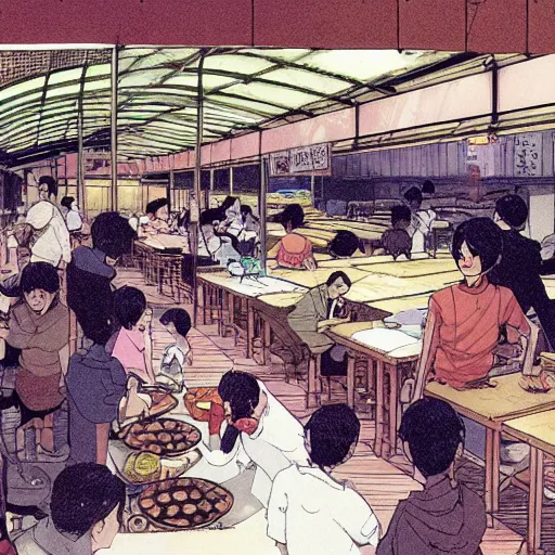 Prompt: a hawker centre, by satoshi kon