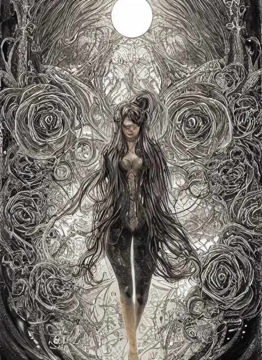 Image similar to silver and golden elements at frame borders, portrait, A beautiful dark witch in front of the full big moon, book cover, red roses, red white black colors, establishing shot, extremly high detail, foto realistic, cinematic lighting, pen and ink, intricate line drawings, by Yoshitaka Amano, Ruan Jia, Kentaro Miura, Artgerm, post processed, concept art, artstation, matte painting, style by eddie, raphael lacoste, alex ross