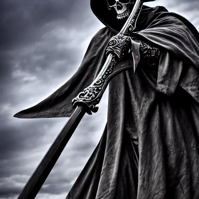 Prompt: armoured grim reaper with ornate scythe, highly detailed, 4 k, hdr, close up, portrait, smooth, sharp focus, high resolution, award - winning photo