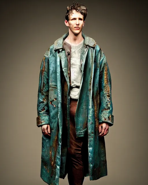 Image similar to an award - winning photo of an ancient male model wearing a plain cropped baggy teal distressed medieval designer menswear leatherparka jacket designed by alexander mcqueen, 4 k, studio lighting, wide angle lens, 2 0 0 4