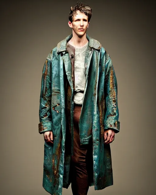 Prompt: an award - winning photo of an ancient male model wearing a plain cropped baggy teal distressed medieval designer menswear leatherparka jacket designed by alexander mcqueen, 4 k, studio lighting, wide angle lens, 2 0 0 4