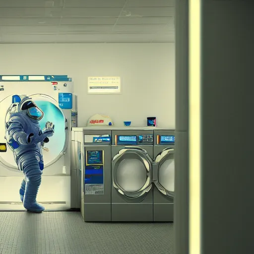 Image similar to a beautiful photo of an astronaut waiting in a laundromat, soft light, morning light, photorealistic, realistic, octane, 8k, cinematic shot