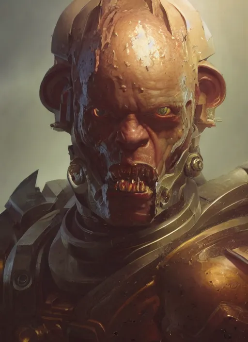 Prompt: hyper realistic portrait of battle warhammer android head, cinematic, chaos marine, artstation, cgsociety, full head, greg rutkowski, james gurney, mignola, craig mullins, brom