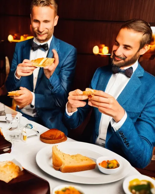 Image similar to a group of well dressed gentleman eating blue toothpaste toasts in a fancy restaurant,