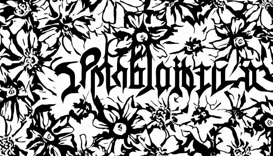 Prompt: black metal band logo designed with flowers and very happy and peaceful background