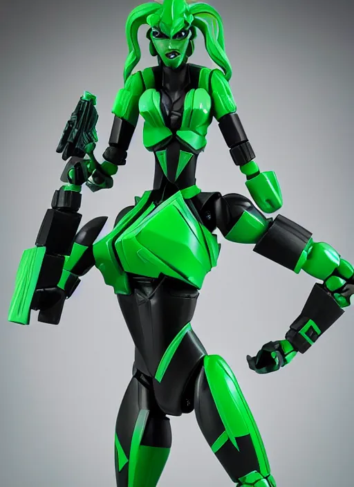 Image similar to Transformers Decepticon Shego action figure from Transformers: Kingdom, symmetrical details, by Hasbro, Takaratomy, tfwiki.net photography, product photography, official media