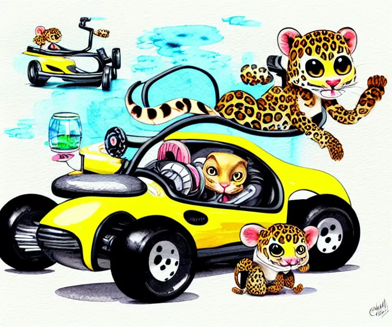 Image similar to cute and funny, baby leopard riding in a tiny go kart with oversized engine, ratfink style by ed roth, centered award winning watercolor pen illustration, isometric illustration by chihiro iwasaki, edited by range murata, tiny details by artgerm and watercolor girl, symmetrically isometrically centered