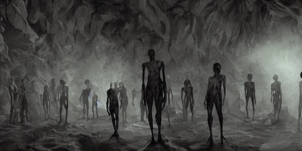 Image similar to dark cave full of skinny monster men, photorealistic, horror movie, evil, wide angle