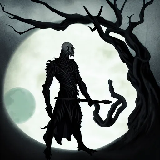 Image similar to gaunt bald pale white tiefling holding a staff made of gnarled wood, black raven sitting on staff, looming silhouette of undead god on horizon, three moons, illustration, sharp focus, highly detailed, digital painting