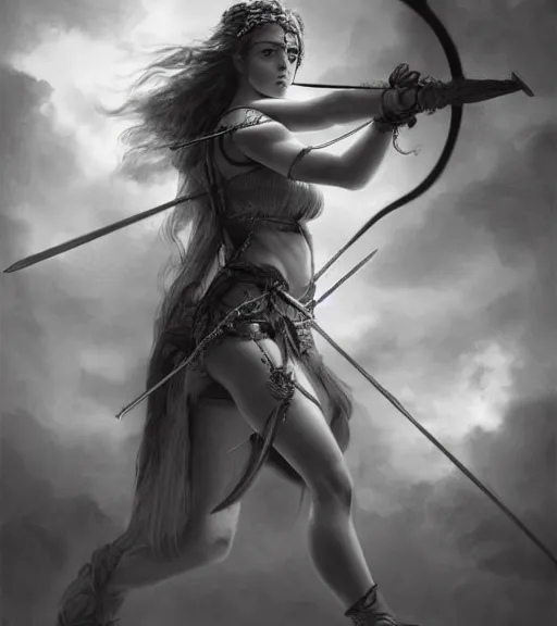 Prompt: beautiful young aphrodite goddess as an archer warrior, realistic face, beautiful eyes, black and white drawing, in the style of greg rutkowski, fantasy, amazing detail, epic, intricate, elegant, smooth, sharp focus