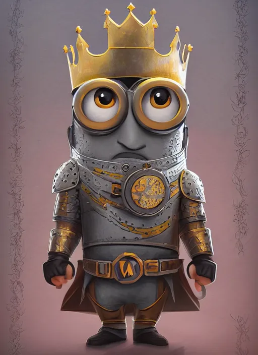 Prompt: Minion Bob as a Knight King, funny pose, fantasy art, intricate, ornate, Hyperdetailed, digital art, behance, artstation, smooth, illustration, digital painting, elegant, symmetrical,