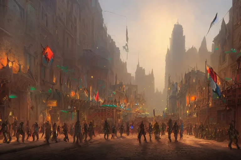Image similar to an intricate colorful matte painting of An epic stronghold crusader screenshot of bustling city street with protesting crowd chasing the king, highly detailed iridescent dimly lit exterior with shafts of iridescent light bouncing off magical realms, by Christophe Vacher and Bastien Lecouffe-Deharme, trending on artstation