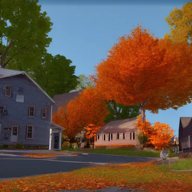 Image similar to small new england town with shops and pumpkins, maple trees with fall foliage, volumetric, realistic, cinematic lighting, ray tracing, unreal engine 5, octane render, hyper realistic, photo, 8 k