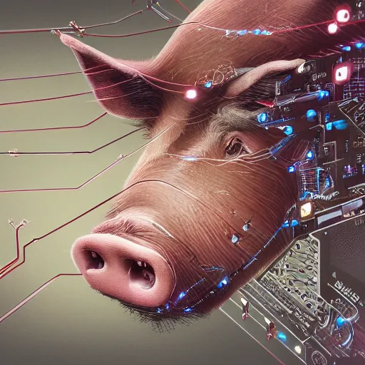 Image similar to a portrait photograph of a big aggressive male cyberpunk pig, circuit boards, motherboard, mainboard, wires, cable management, electrical wires, activity lights, cyberpunk, artstation, detail, hyperrealistic, digital photograph, natural light canon eos c 3 0 0, ƒ 1. 8, 3 5 mm, 8 k