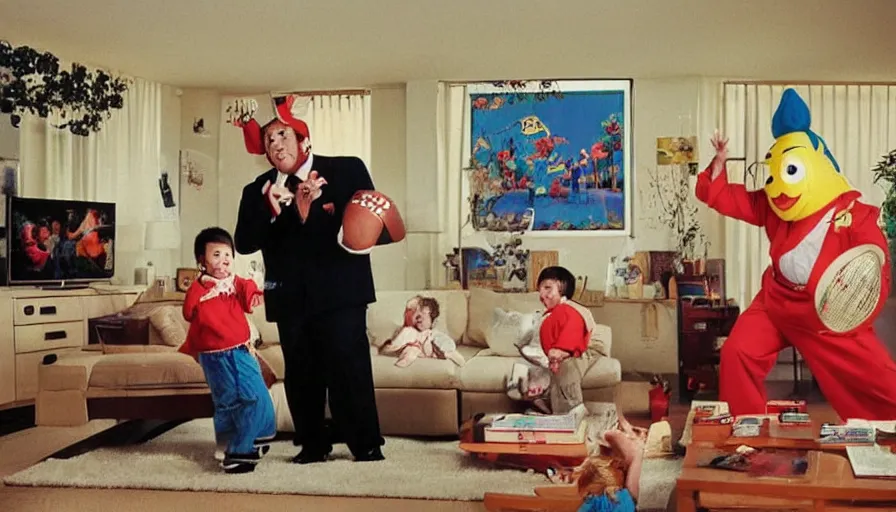 Image similar to 1990s candid 35mm photo of a beautiful day in the family living room, cinematic lighting, cinematic look, golden hour, a very large, oversized Japanese magical costumed car salesman mascot is hanging out of the TV and aggressively trying to sell the family and kids a sports car by force, the costumed salesman is a very large giant, he has fancy decorations on his costume, there is an expensive sports car in the living room with the family, sports car in the room, UHD