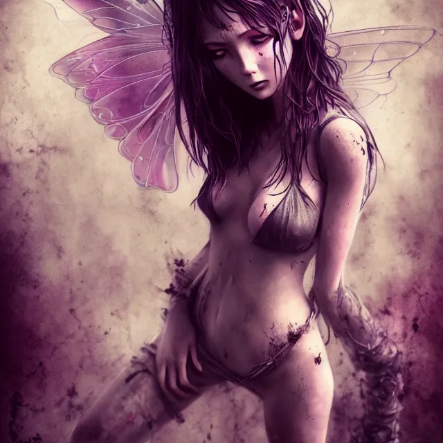 Image similar to full body pose, beautiful adult magical fairy, dirty, grungy, grunge, highly detailed, 4 k, hdr, smooth, sharp focus, high resolution, award - winning photo, artgerm, photorealistic