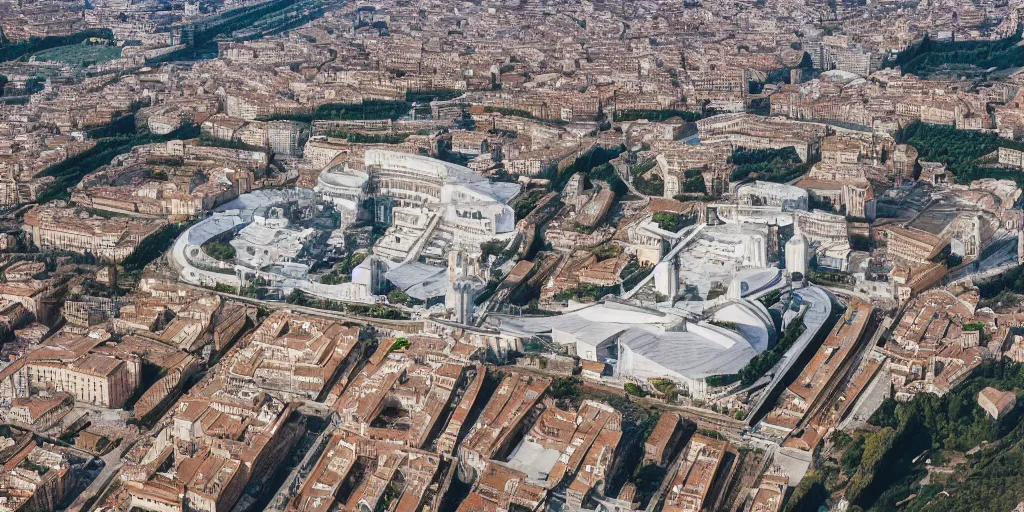 Prompt: utopian city made out of glistening, white marble, fusion between historical and modern futuristic architecture, rome, 4k aerial photo