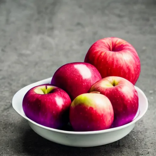 Prompt: of a purple apple in bowl of red apples