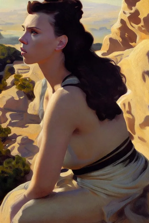 Image similar to portrait of scarlett johansson sitting with full face full figure on a rock near some ruins, in the style of expressionism, soft light, volumetric light, subsurface scattering, translucent skin, john singer sargent