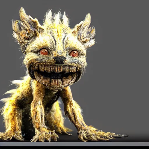 Prompt: photo taken of an epic intricate, ultra detailed, super realistic gritty, wet, lifelike sculpture of an cute furry monster with bioluminescent patches of skin created by weta workshop, zoomed in shots, subsurface scattering, photorealistic, sharp focus, white wall coloured workshop, cold colour temperature, f 0. 4, face centred, golden ratio