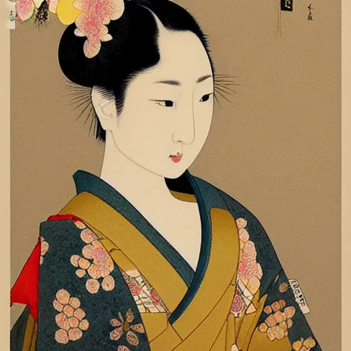 Prompt: geisha girl by ikenaga yasunari and ayana otake and ko rakusui, drawing, realistic, sharp focus, japanese, dreamy, nostalgia, faded, golden hues, floral clothes