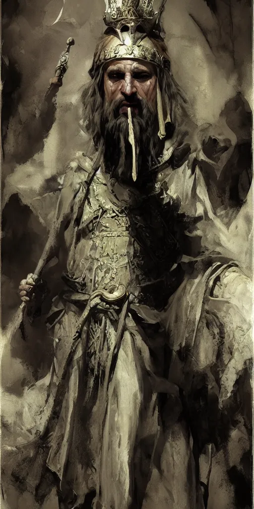 Image similar to a character study of the ancient historical biblical evil pagan king ahab of Israel by craig mullins and marc simonetti, Ross Tran and WLOP, by Andrew Wyeth and Gerald Brom, In the style of John singer Sargent and James gurney, ARTSTATION, cgsociety, polycount, character design, CINEMATIC, AWE INSPIRING, BEAUTIFUL, ART GERM