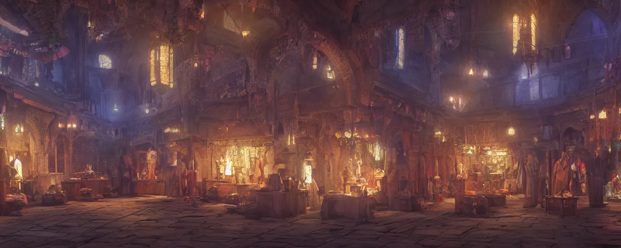 Prompt: inside of a medieval era bazaar, vaporwave aesthetics, 8 k uhd, unreal engine, octane render in the artstyle of finnian macmanus, john park and greg rutkowski