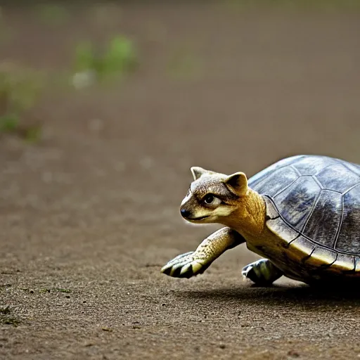 Image similar to mixture between a turtle and a fox, fox turtle hybrid, national geographic, photo, distance shot,