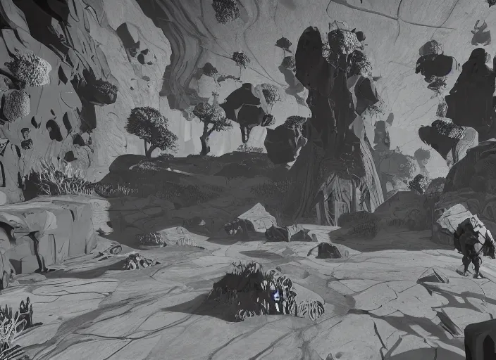 Image similar to deep rock galactic as an etching, video game, cavern, monochrome