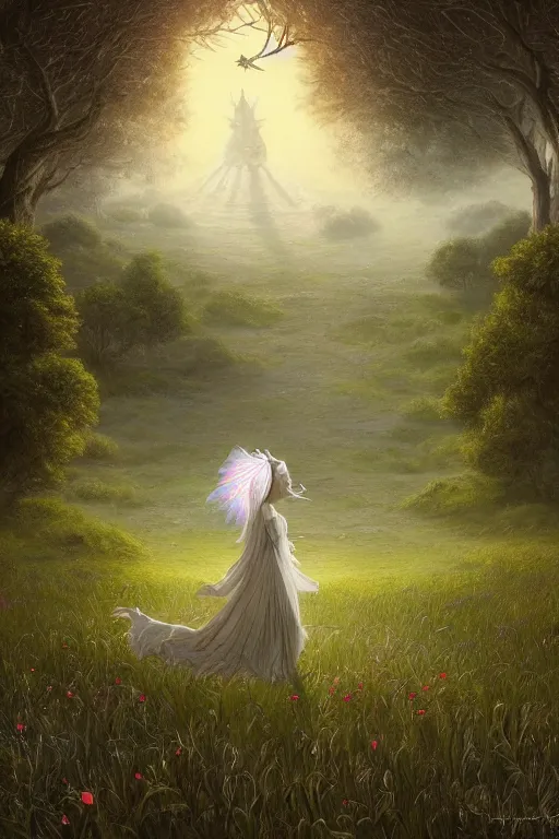 Prompt: wonderdream faeries lady in the middle of a field, white open door, digital art painting fantasy by hubert robert and lee madgwick and roger dean and jacek yerka, dan mumford and alex grey style, soft lighting, 4 k hd wallpaper illustration character design concept joy atmospheric lighting