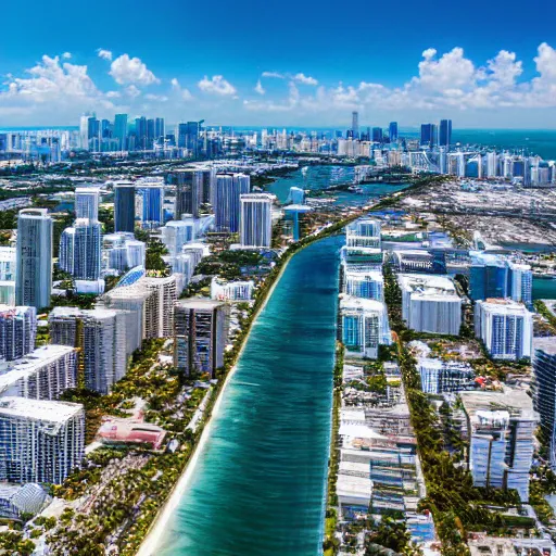 Image similar to isometric real photo of North Miami highrises on a sunny day, Miami skyline, HDR, DSLR photography, wide lens, high angle