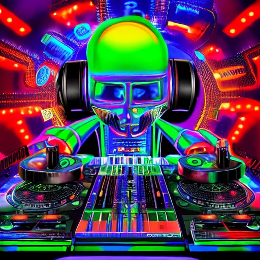 Prompt: album art for a dj, the album is called : dj roborock, big letters dj roborock, 3 steampunk robot heads with robot arms on a dj desk with a cd mixer, 8 k, fluorescent colors, halluzinogenic, multicolored, exaggerated detailed, front shot, 3 d render, octane