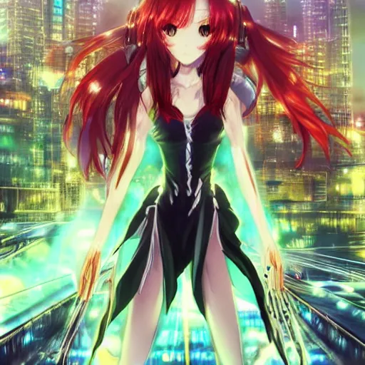 Prompt: a teenage anime android girl wearing a very high intricate detailed dress made out of water standing in a crystal clear lake with a neon lit futuristic city in the background::full body::very long black and red hair::left eye is yellow and right eye is glowing red::heterochromatic eyes::intense stare::cinematic lighting::medium shot::MCU::trending on artstation::CSP::Photoshop::WLOP, Rossdraws, James Jean, Andrei Riabovitchev, Marc Simonetti, Anastasia Ovchinnikova, Véronique Meignaud, BEN MAIER and Sakimichan