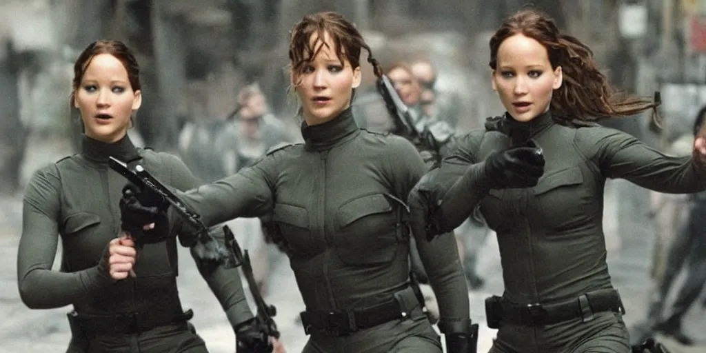 Image similar to Jennifer Lawrence fighting agents in matrix