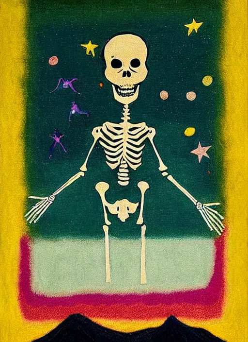 Image similar to pixel decollage painting tarot magician card composition wonky alien skeleton cook with knives in a dark green cloudy night sky with golden foil stars, occult symbols and tears, mountain lake and blossoming field in background, painted by mark rothko, helen frankenthaler, danny fox and hilma af klint, very pixelated, naive, expressionism