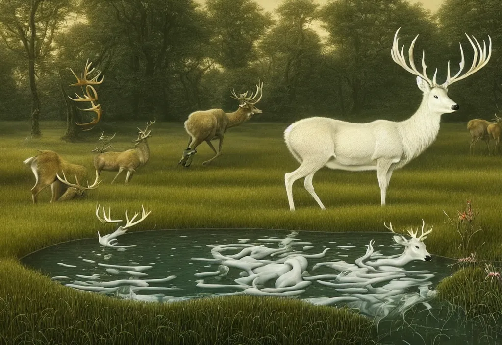 Image similar to hyper detailed 3d render like a Oil painting - white stag drinking from a silvery pool in a peaceful lush meadow, by Jacek Yerka, Mariusz Lewandowski, Houdini algorithmic generative render, Abstract brush strokes, Masterpiece, Edward Hopper and James Gilleard, Zdzislaw Beksinski, Mark Ryden, Wolfgang Lettl, hints of Yayoi Kasuma, octane render, 8k