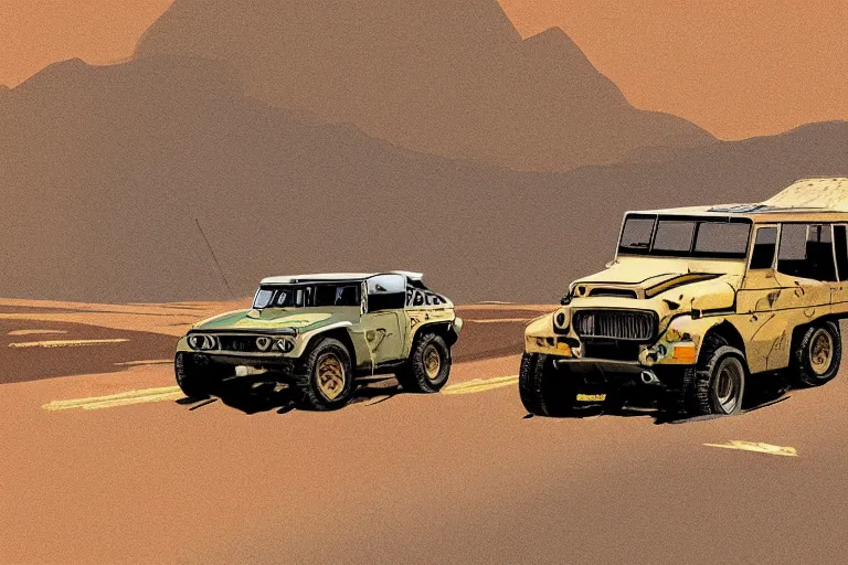 Image similar to digital illustration of mad max's fj 4 0 pursuit special, the last v 8 interceptor driving down a deserted dessert highway in the middle of the day by studio ghibli, anime style, by makoto shinkai, ilya kuvshinov, lois van baarle, rossdraws, basquiat